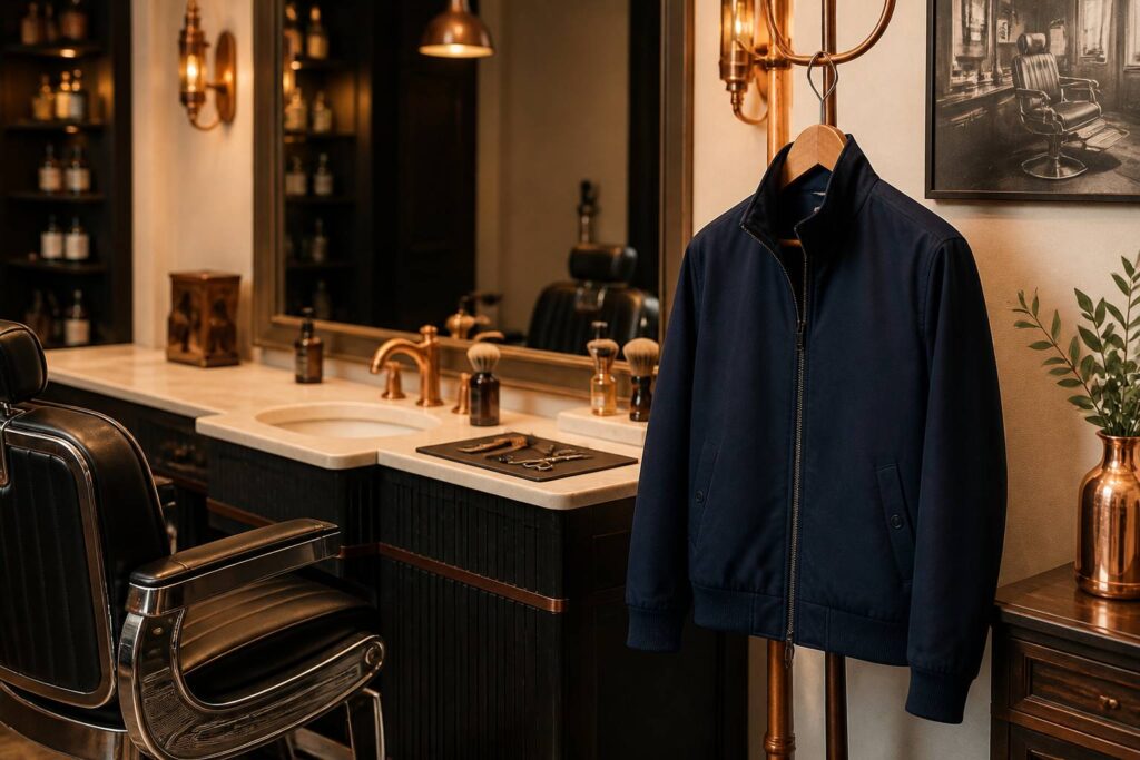 Veste harrington bleu marine à col montant posée dans un barbershop
