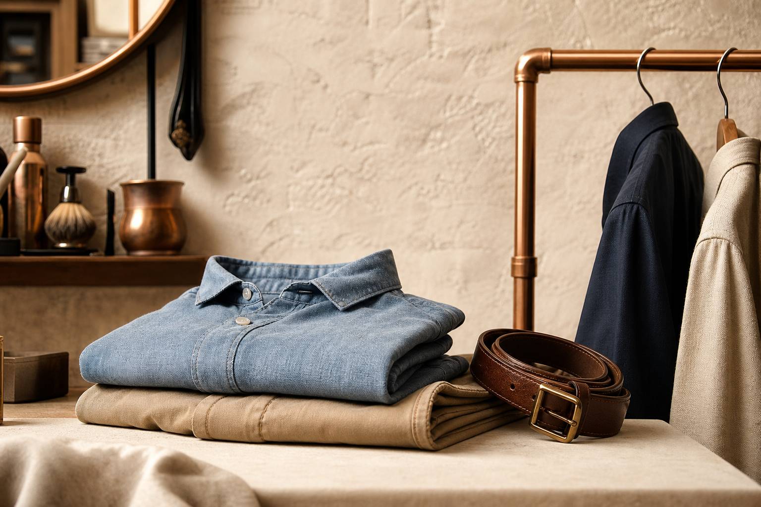 Chemise en chambray bleu et pantalon chino beige pliés sur fond crème avec porte-manteau en métal cuivré