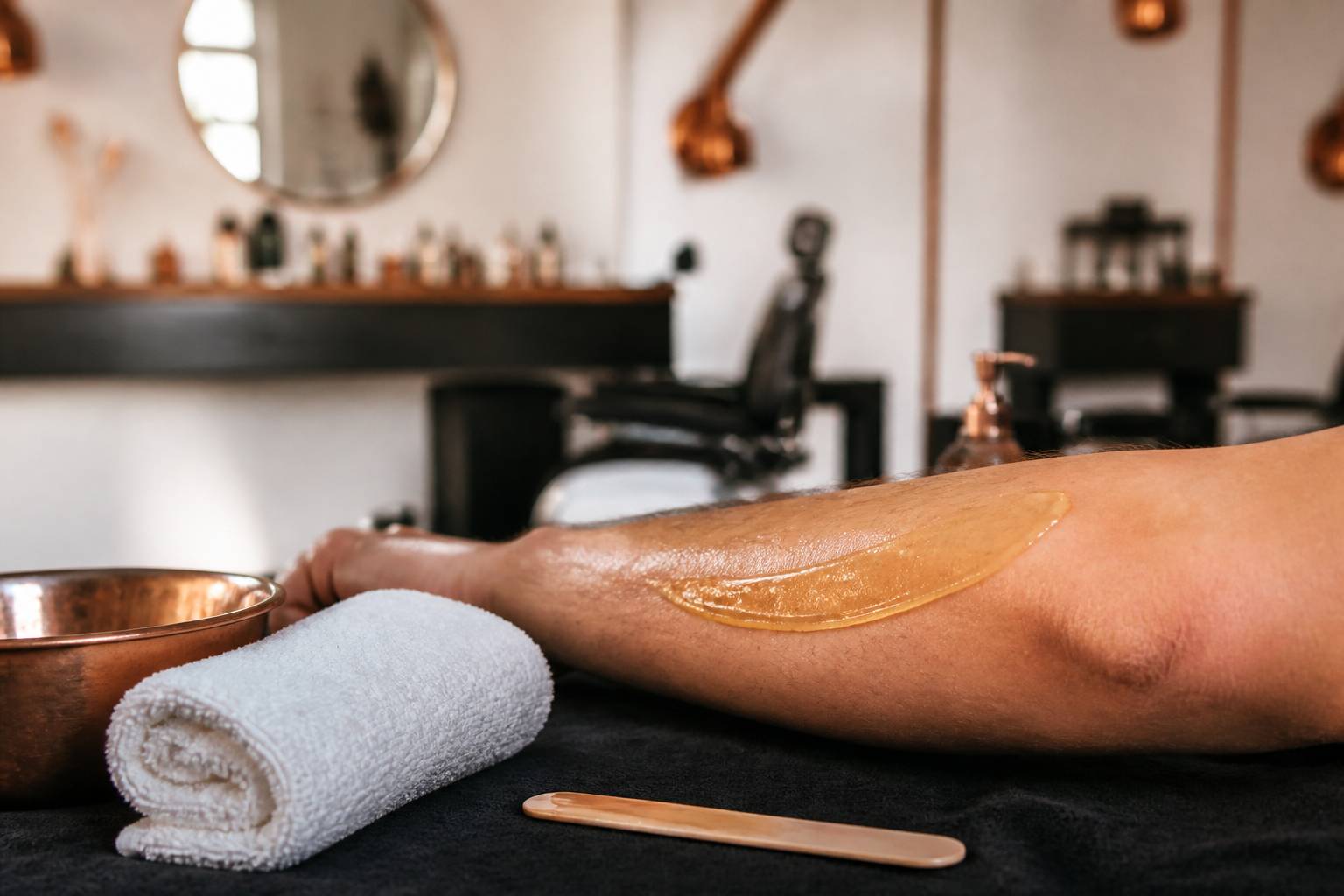 Bande de cire posée sur un avant-bras avec spatule et serviette éponge dans un barbershop