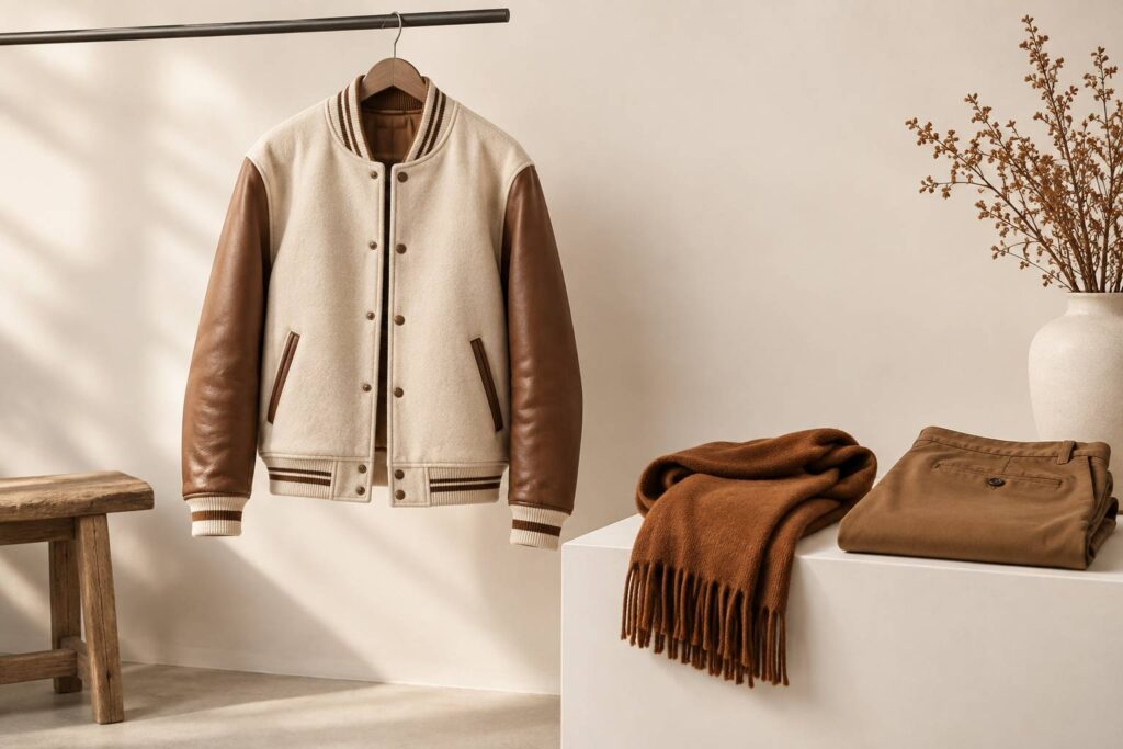 Blouson teddy en laine et cuir pose sur un cintre dans un vestiaire