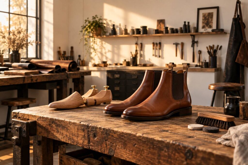 Bottines Chelsea en cuir posées sur un banc d'atelier de bottier