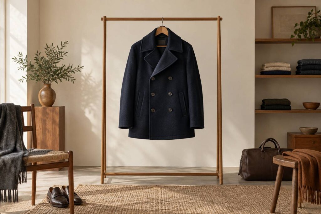 Caban bleu marine en drap de laine suspendu sur un portant en bois