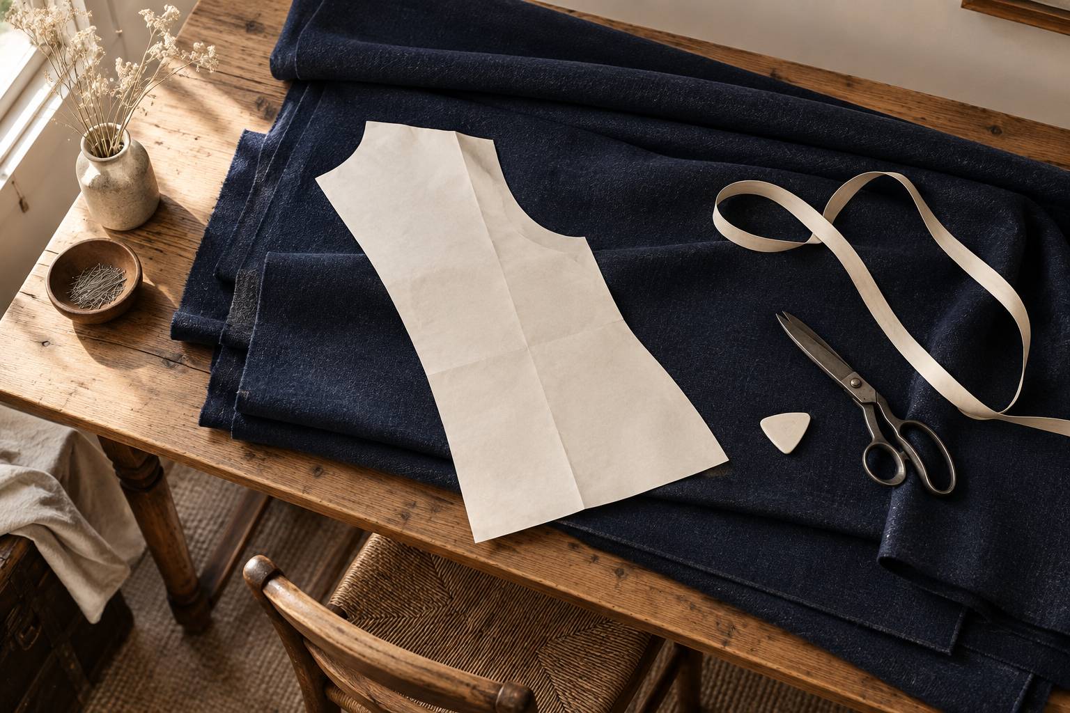 Drap de laine bleu marine et outils de tailleur sur un etabli