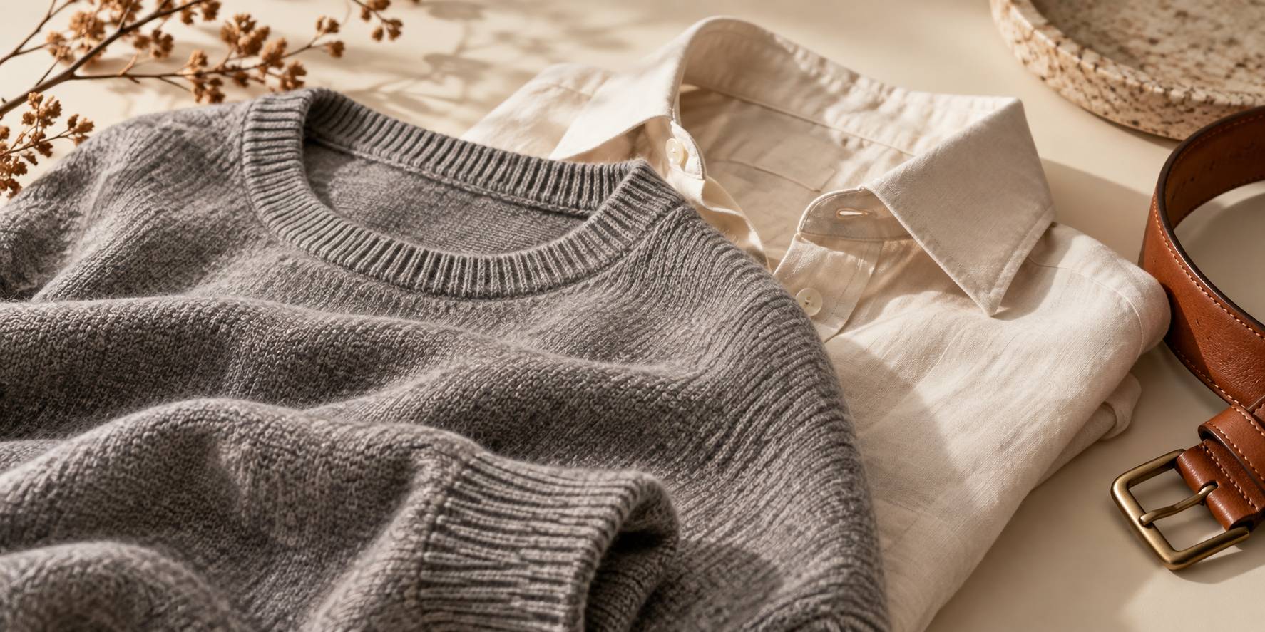 Superposition de pull gris et chemise claire avec ceinture en cuir brun