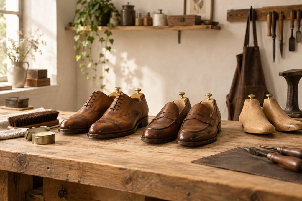 Paires de chaussures en cuir génériques alignées dans un atelier de cordonnerie