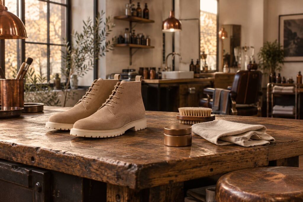 Paire de chaussures montantes en daim sable sur un établi artisanal