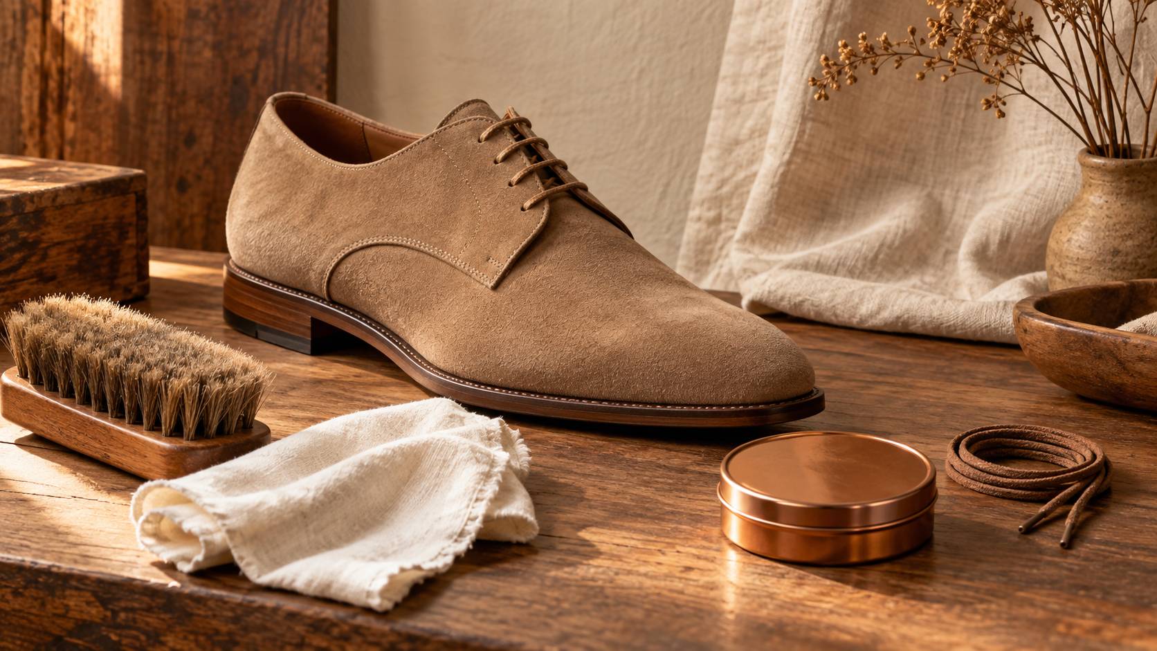 Table d'entretien du cuir avec brosse à daim, chiffon et cirage