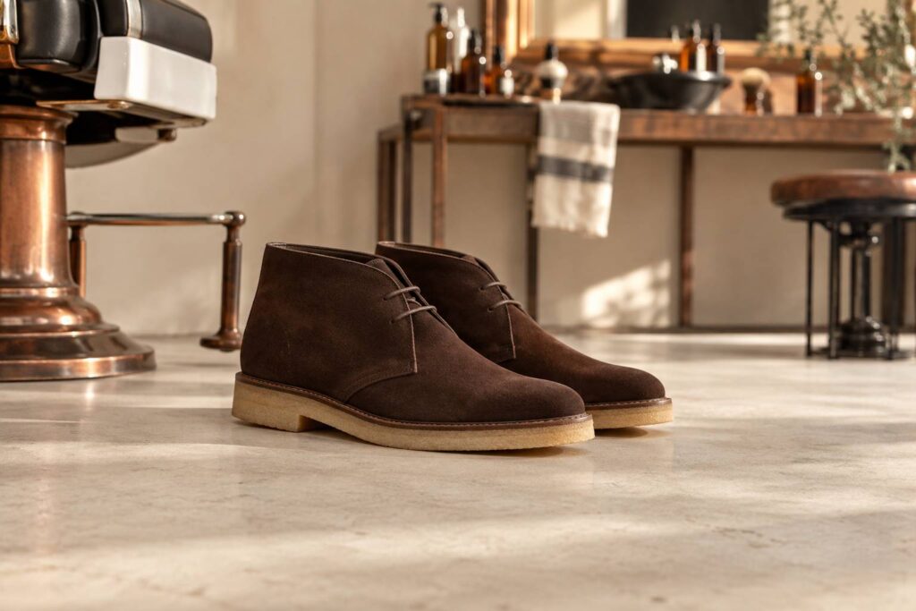 Paire de chukka boots en veau velours marron foncé sur fond crème