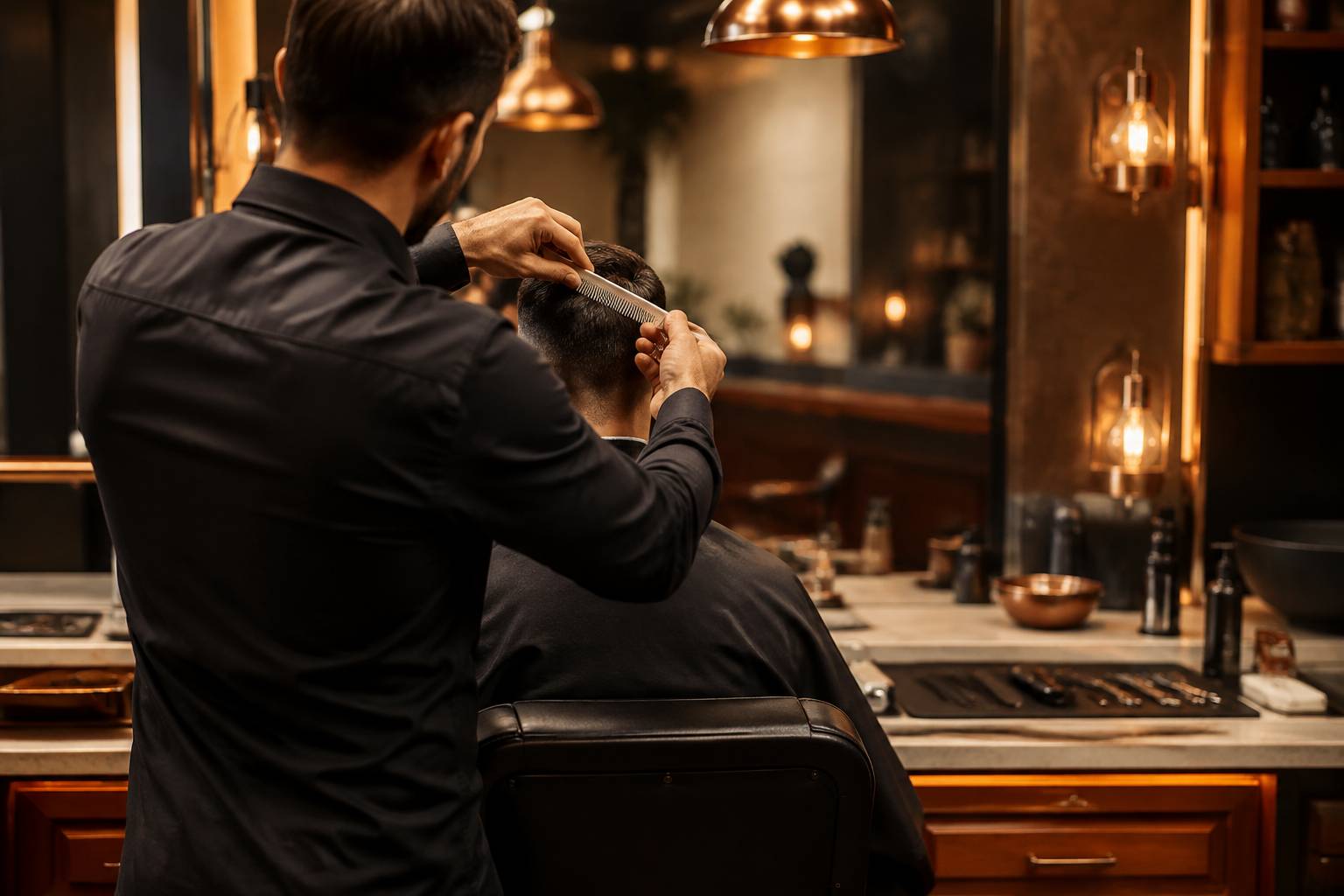 Coiffeur travaillant une coupe sur un client vu de dos