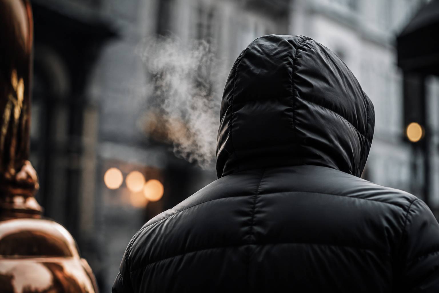 Passant de dos au col relevé dans une rue d'hiver