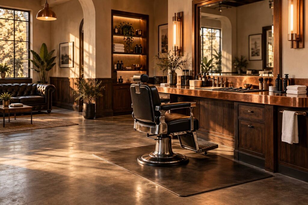 Salon de barbier avec fauteuil en cuir vide et plan de travail en cuivre