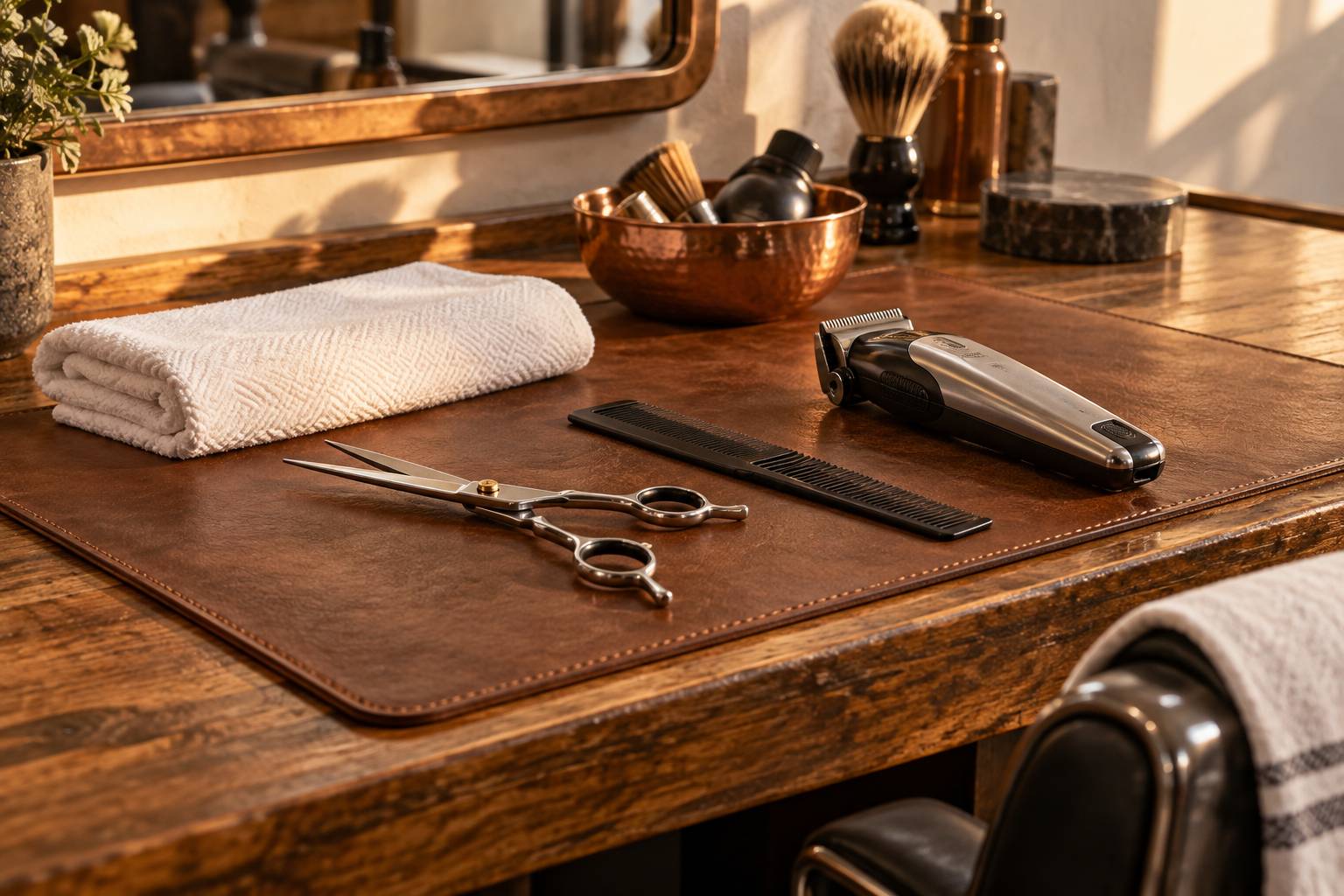 Ciseaux, peigne et tondeuse posés sur un tapis de cuir au salon