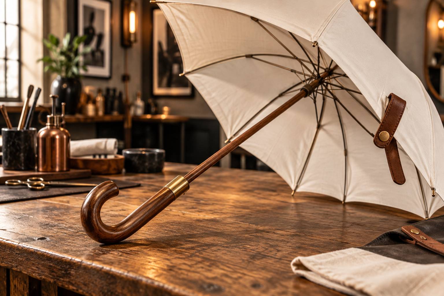 Détail d'un manche en bois et de la toile d'un parapluie artisanal