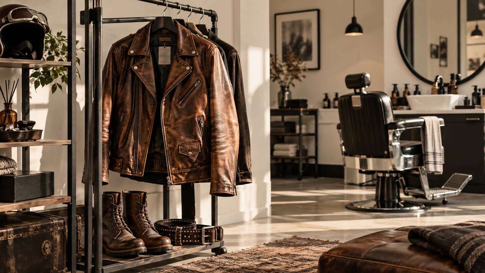 Veste en cuir vintage suspendue à un portant de friperie