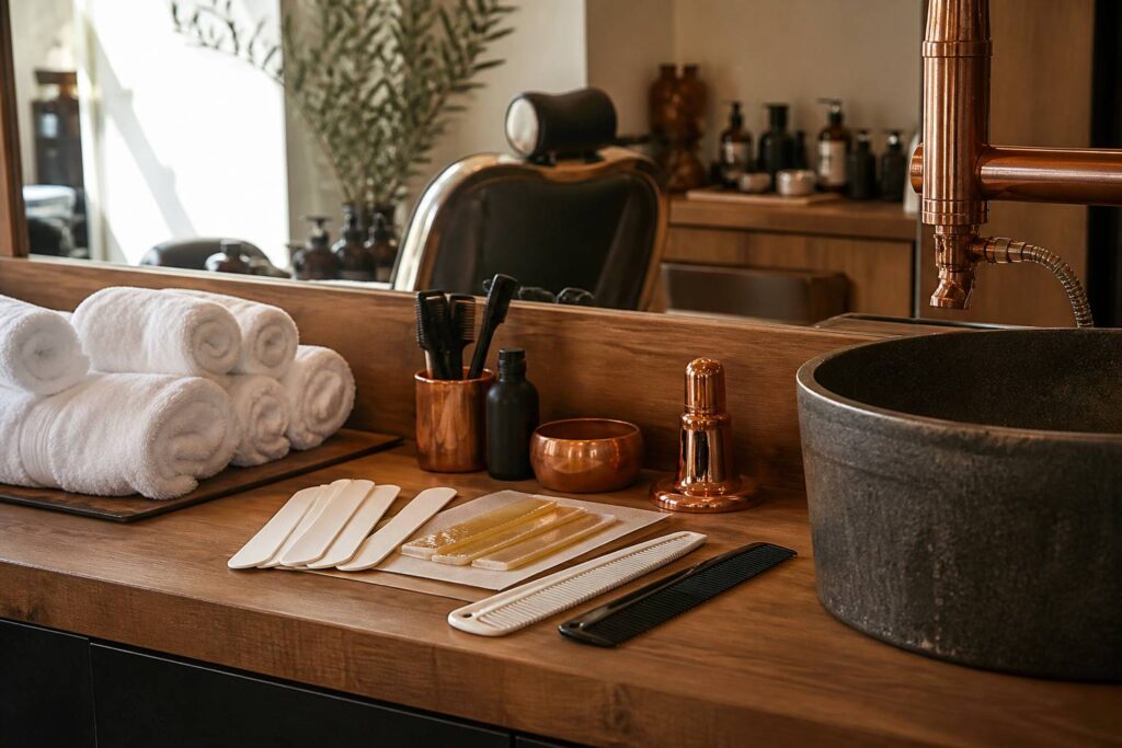 Poste de soin de barbershop avec serviettes chaudes, spatules et bandes de cire sur comptoir en bois