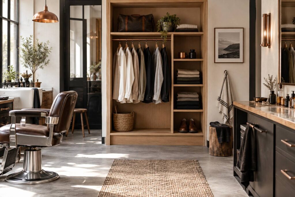 Penderie en bois clair ouverte avec chemises neutres et chaussures en cuir