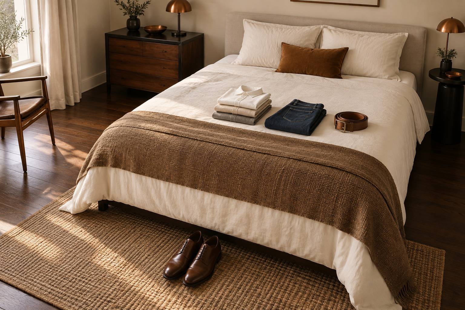 Chemises pliées, jean brut et chaussures alignées au pied d'un lit sobre