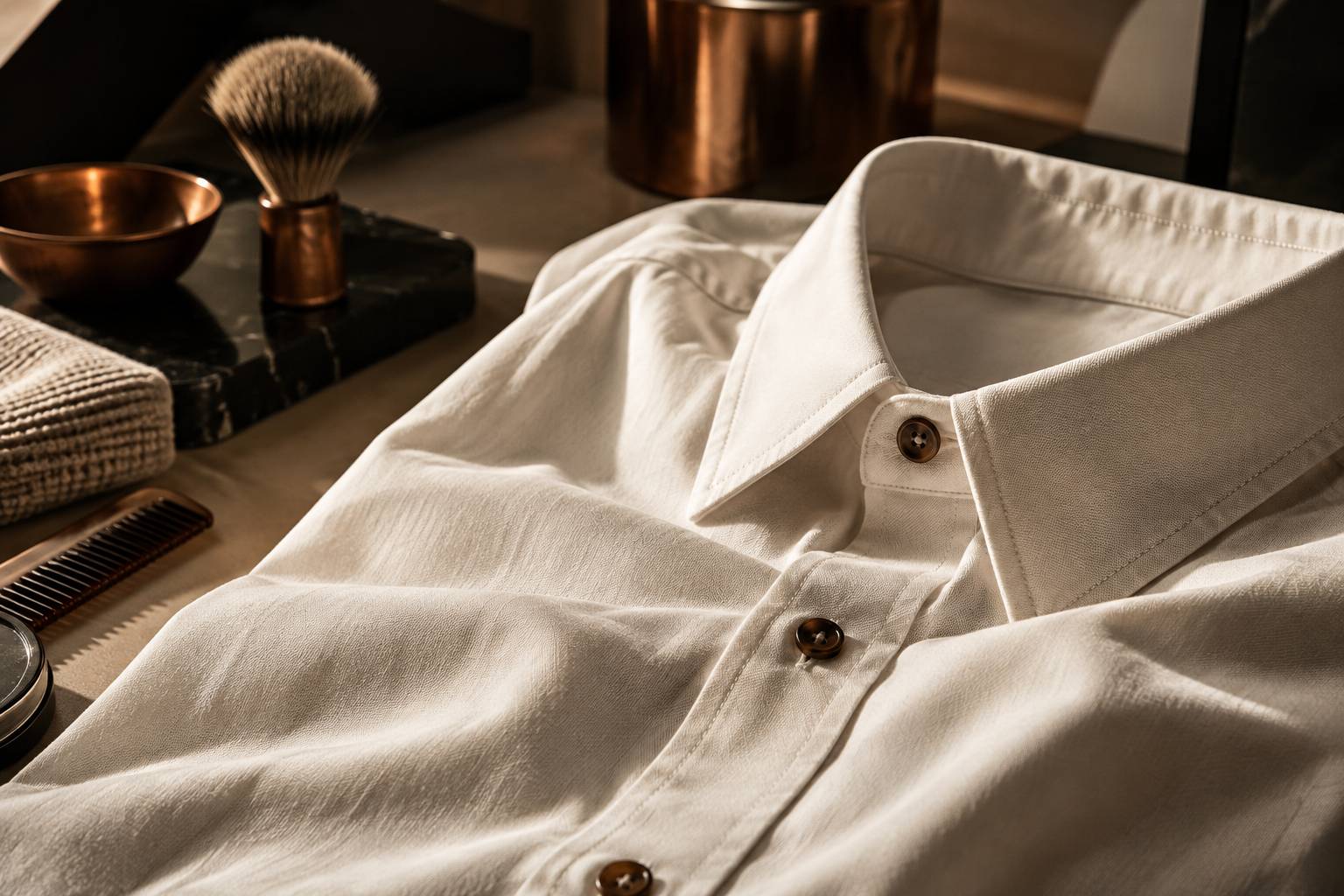 Gros plan sur le col et les coutures d'une chemise en tissu mat