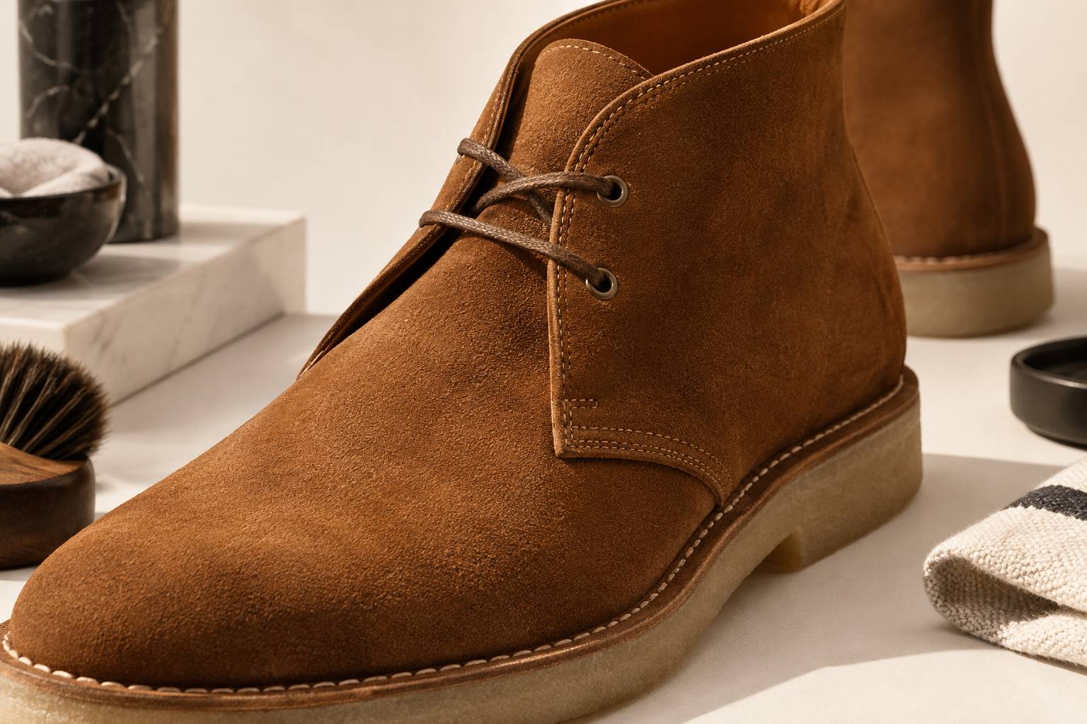 Gros plan sur le laçage et les coutures d'une chukka boot en cuir velours