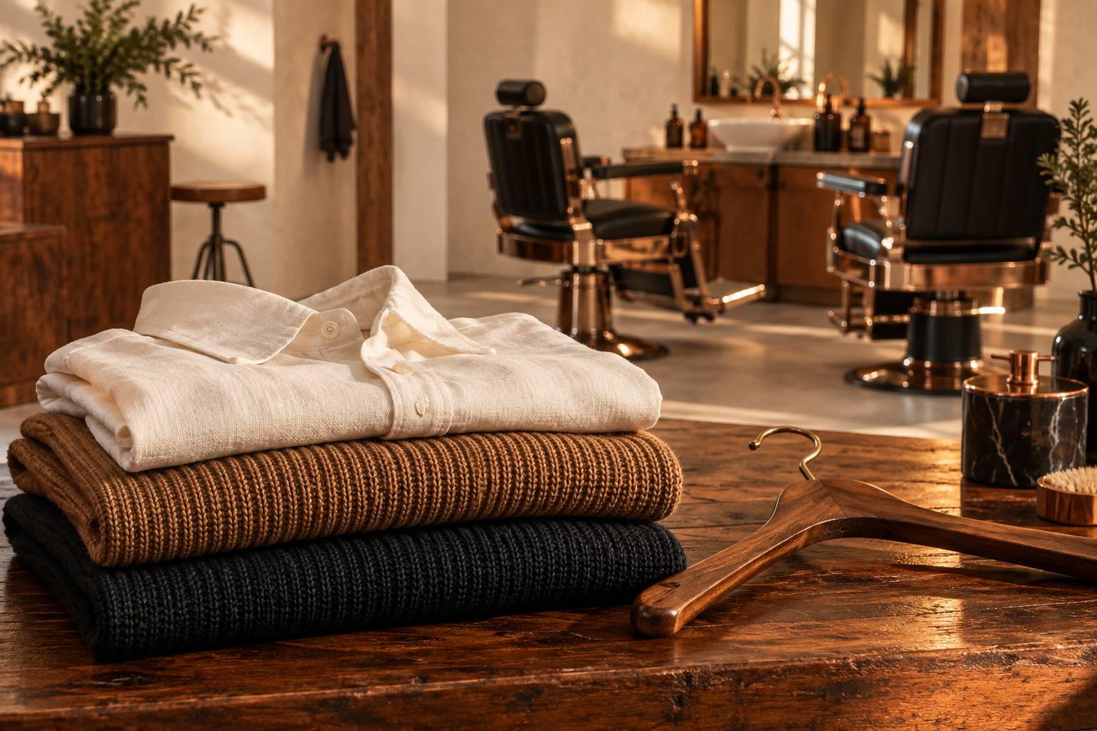 Gros plan sur des mailles en laine pliées et une chemise en lin