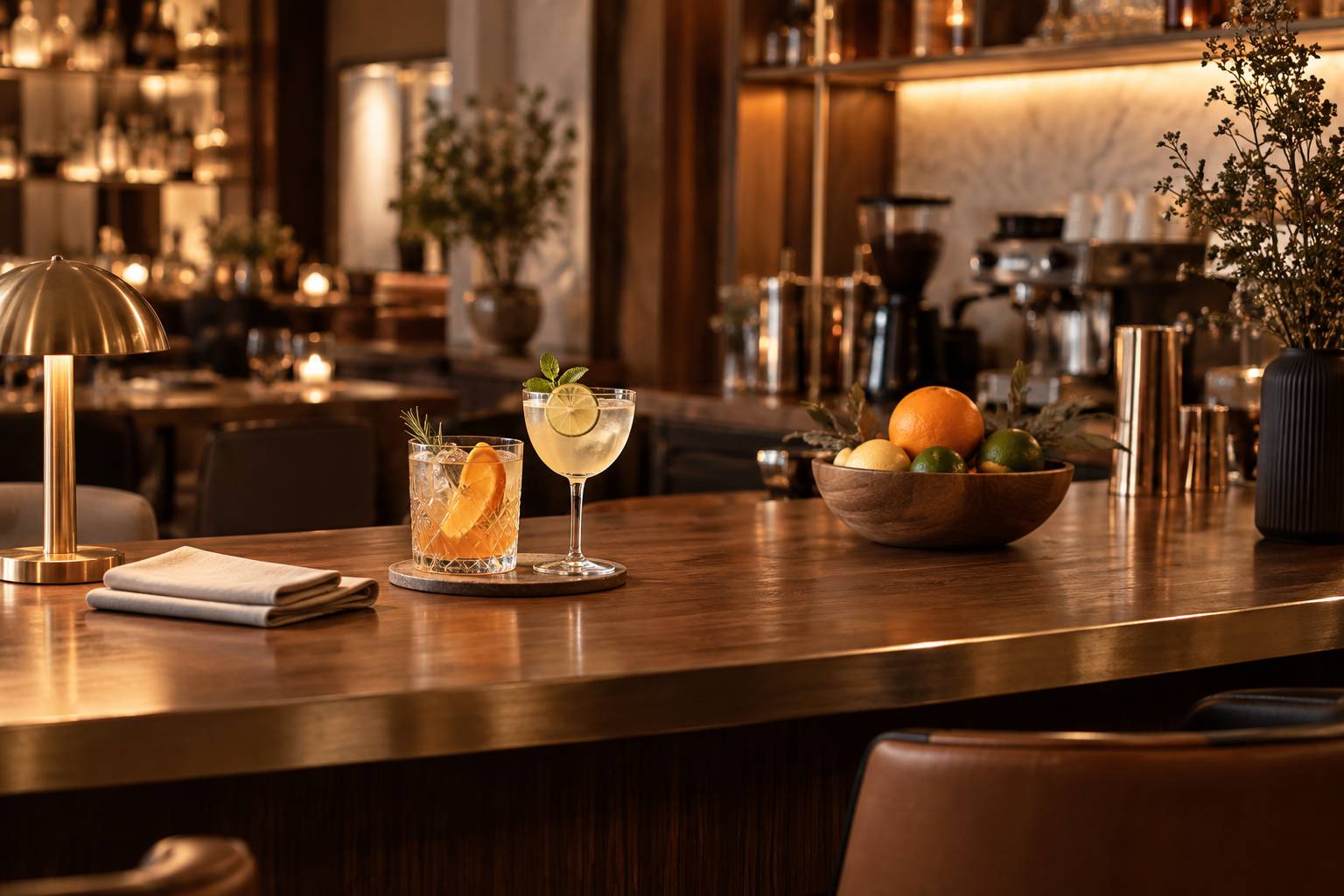 Comptoir de bar d'ambiance avec deux verres et lumiere chaude
