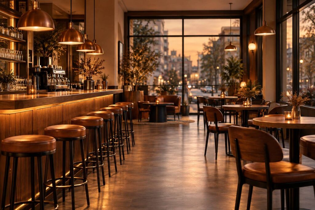 Interieur de cafe chaleureux le soir avec comptoir en bois et tabourets