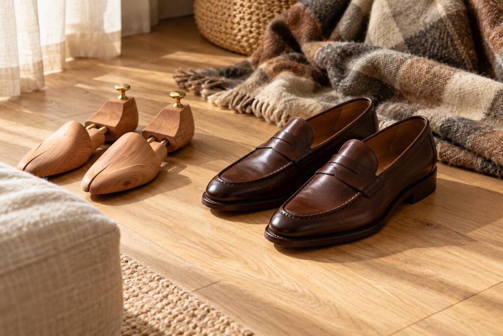 Paire de mocassins en cuir marron avec embauchoirs en bois