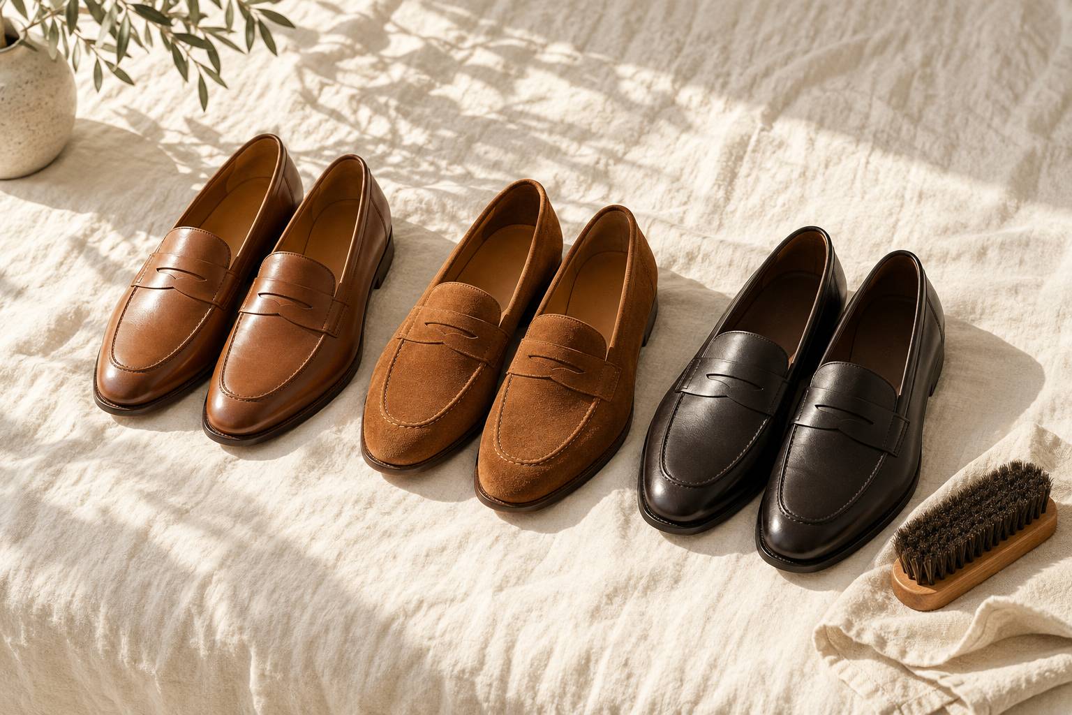 Mocassins en cuir et en daim alignes sur un drap de lin clair