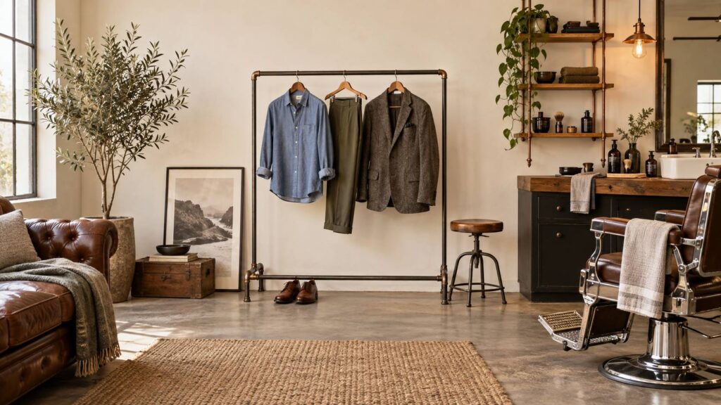 Vestiaire casual masculin avec chemise en chambray, veste en laine et chaussures en cuir