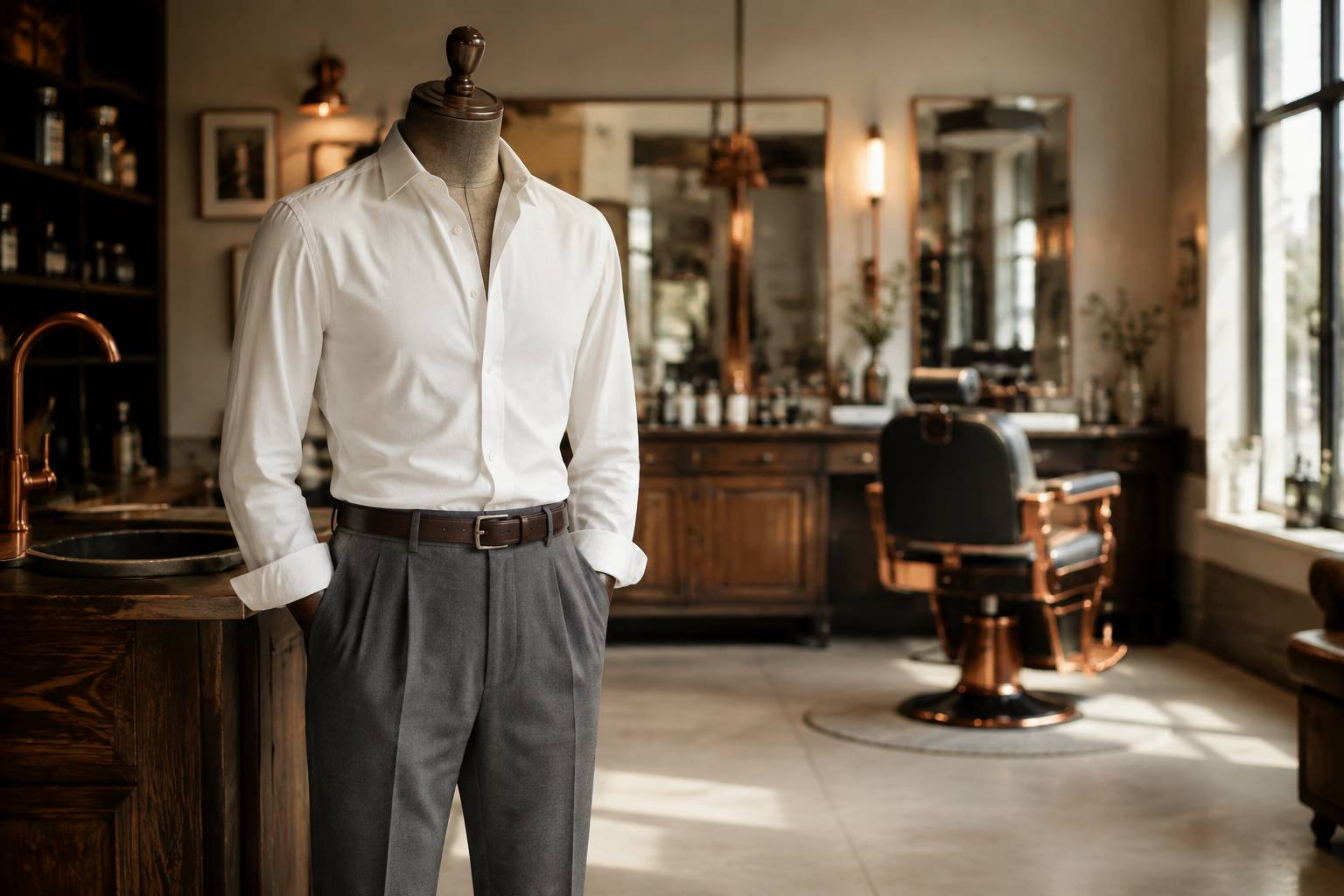 Buste de tailleur sans tête avec pantalon à pinces et chemise blanche souple