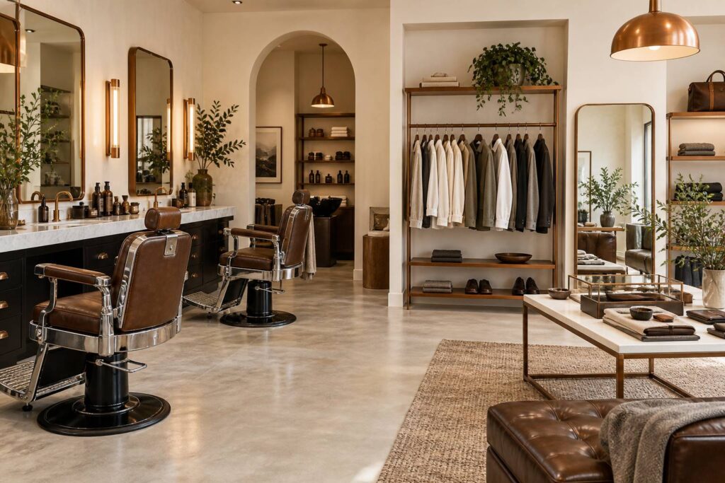 Portant de vêtements masculins neutres dans une boutique de mode sobre