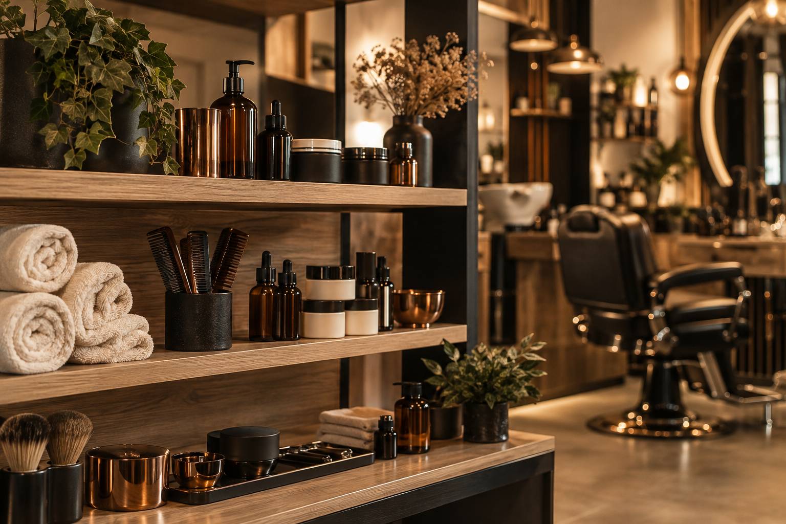 Coffret de box beauté ouvert avec miniatures de soins sur un comptoir de salon
