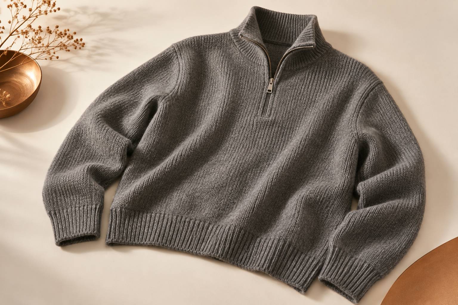 Detail des mailles et du zip d'un pull camionneur gris en laine