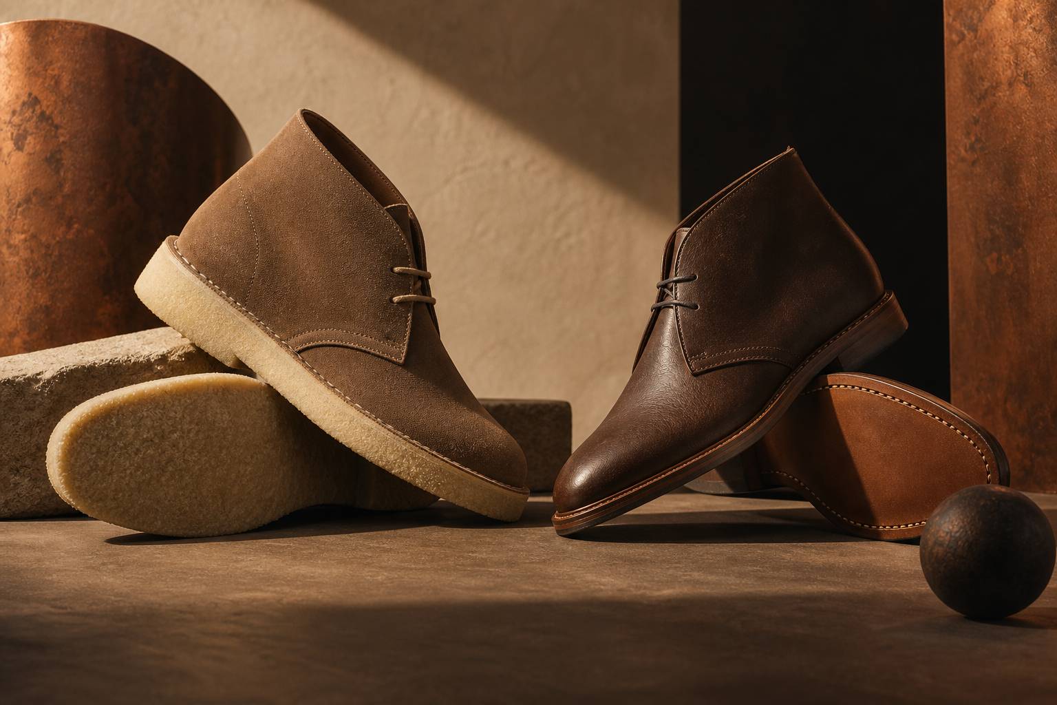 Détail des semelles en crêpe et en cuir des deux paires de bottines