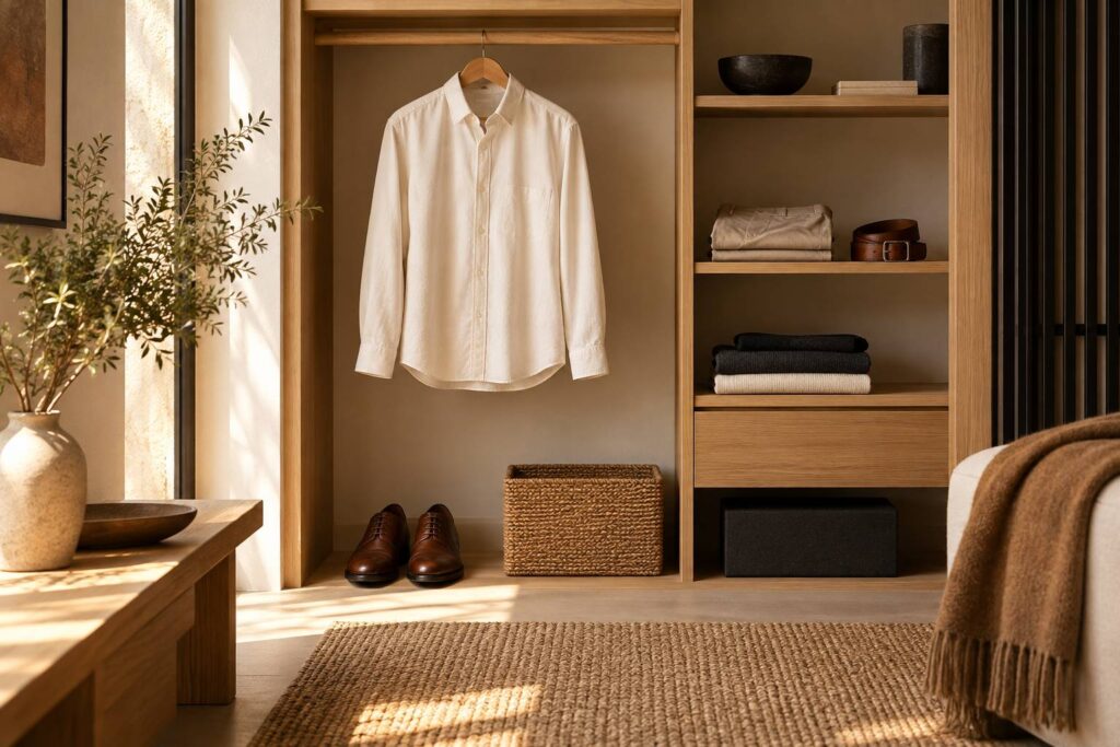 Chemise claire sur cintre avec pantalon plié et chaussures en cuir