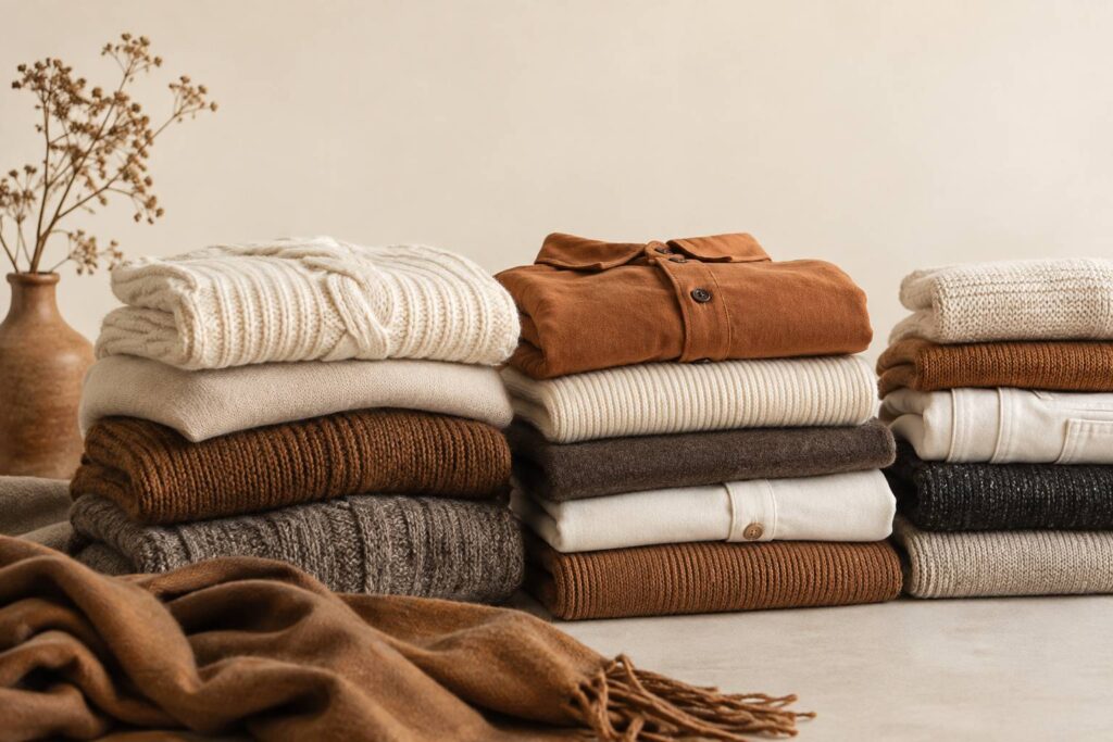 Piles de vêtements neutres pliés en coton et laine sur fond crème