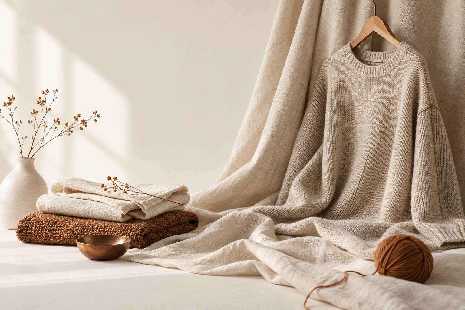 Textures de coton et de laine avec couture apparente et cintre en bois