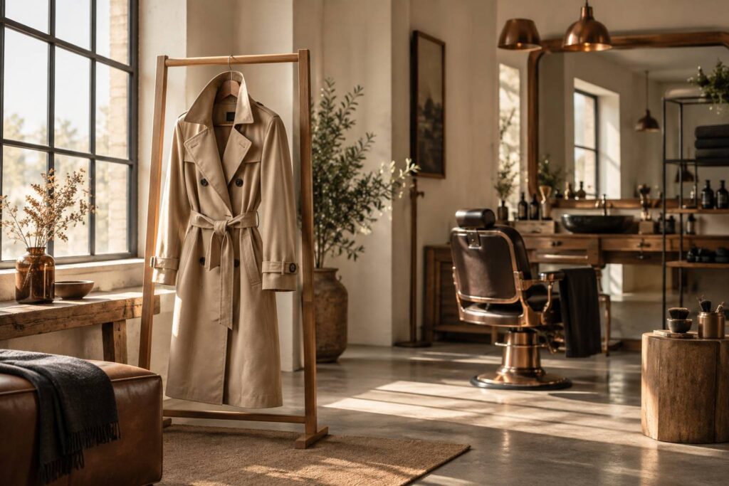 Trench beige en gabardine suspendu à un portant devant une fenêtre lumineuse