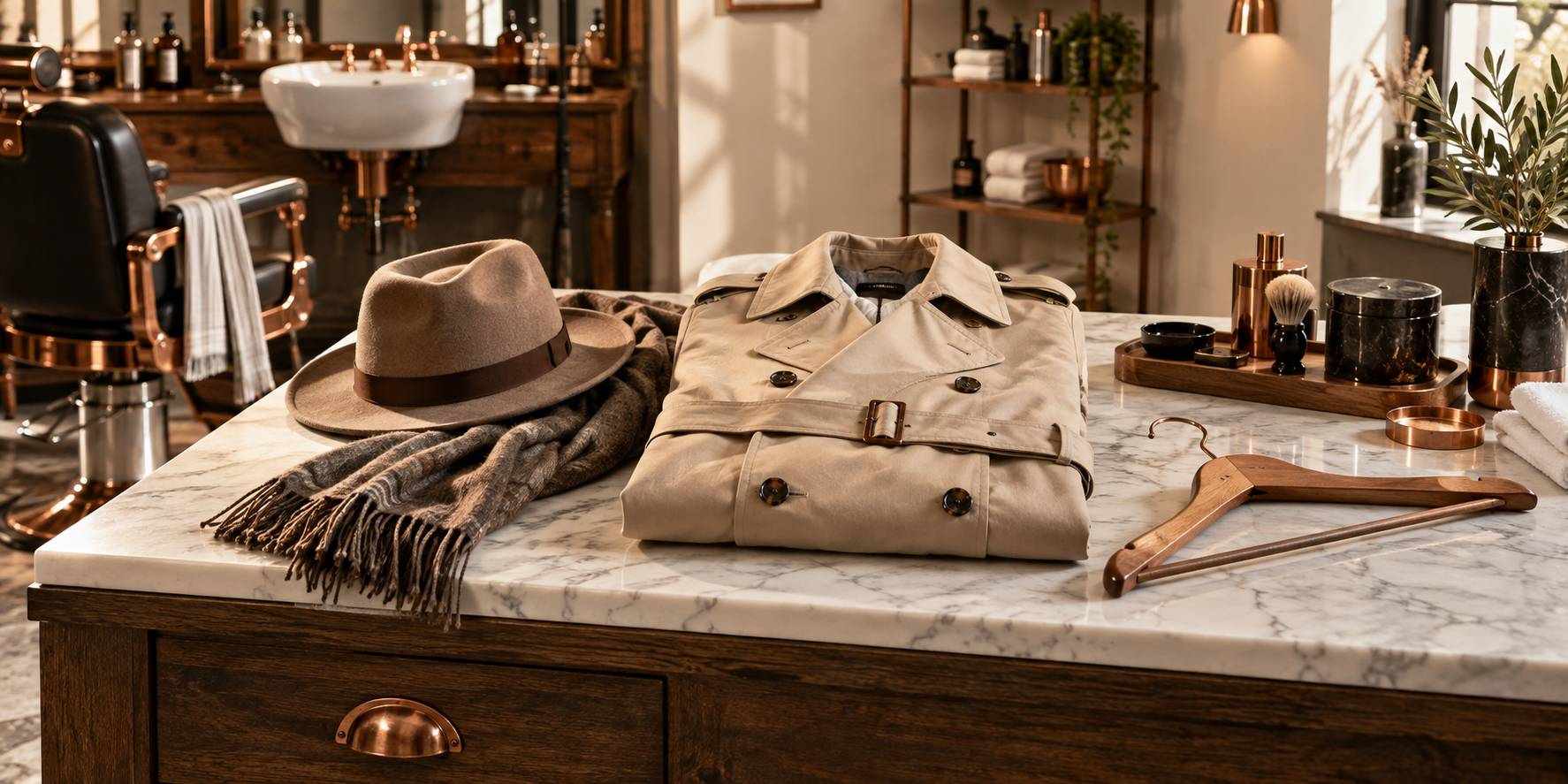 Trench beige en gabardine suspendu à un portant devant une fenêtre lumineuse