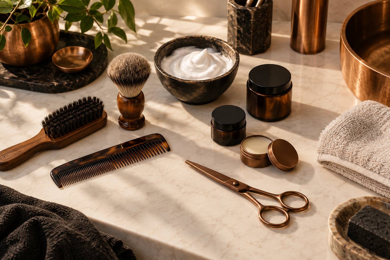 Brosse, blaireau et serviette sur un plan de travail de barbier