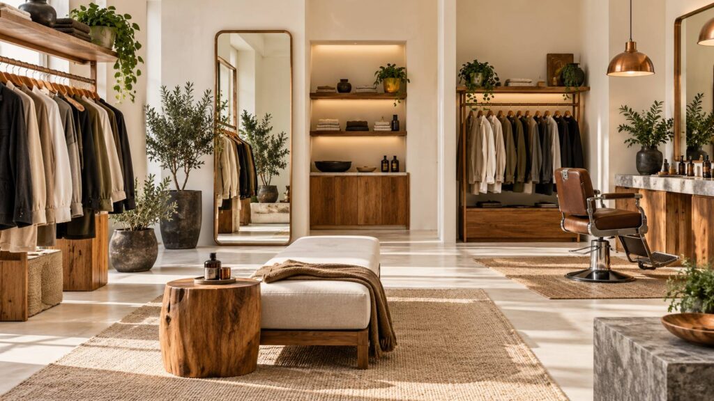 Intérieur de boutique de mode avec portants en bois et vêtements aux tons neutres