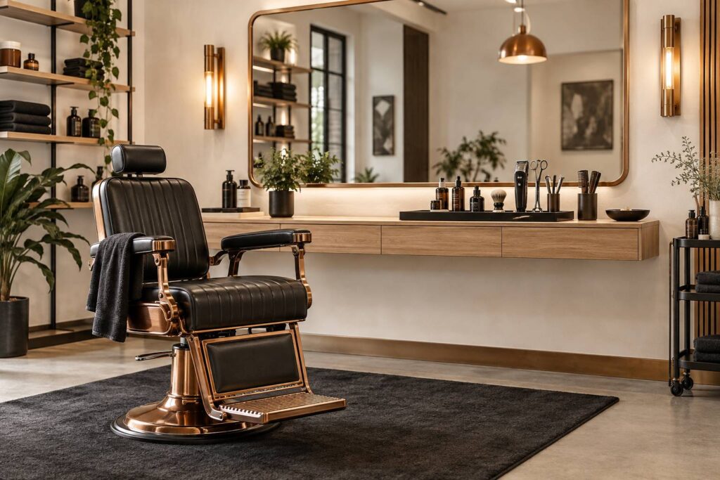 Salon de coiffure masculin sobre avec fauteuil de barbier et miroir