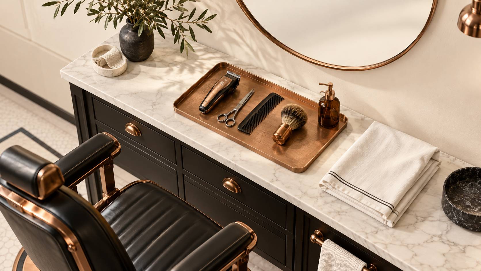 Console de barbier avec tondeuse, ciseaux et peigne sur plateau neutre