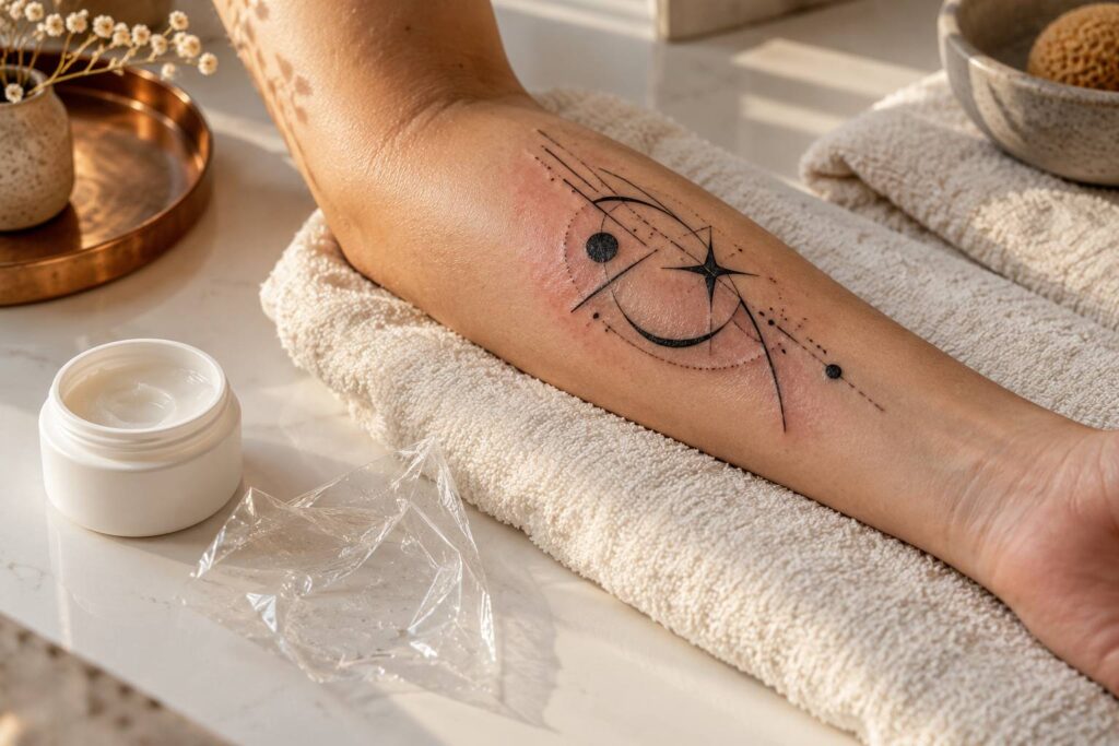 Avant-bras tatoué avec tatouage frais et crème apaisante sur une serviette