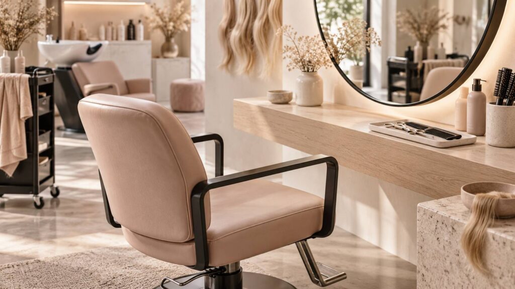 Fauteuil de coiffeur vide, ciseaux et peigne dans un salon de coiffure clair