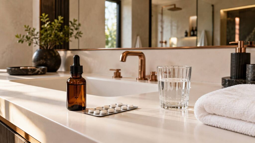 Flacon compte-gouttes ambré et comprimés posés près d'un verre d'eau sur une tablette