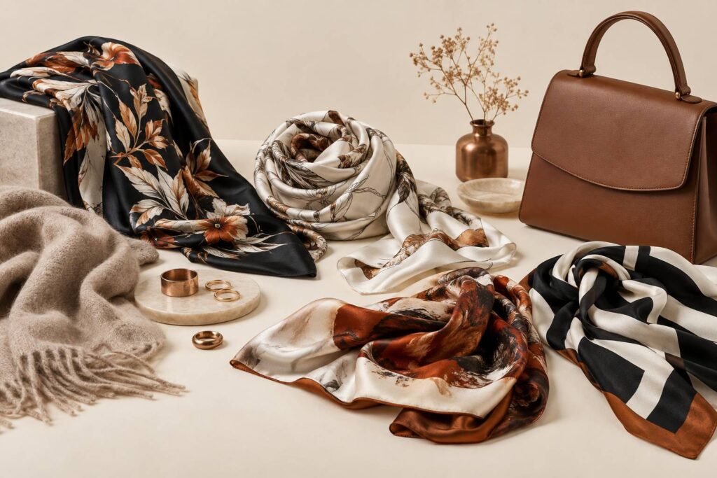 Foulards en soie imprimée pliés et drapés sur un fond crème lumineux