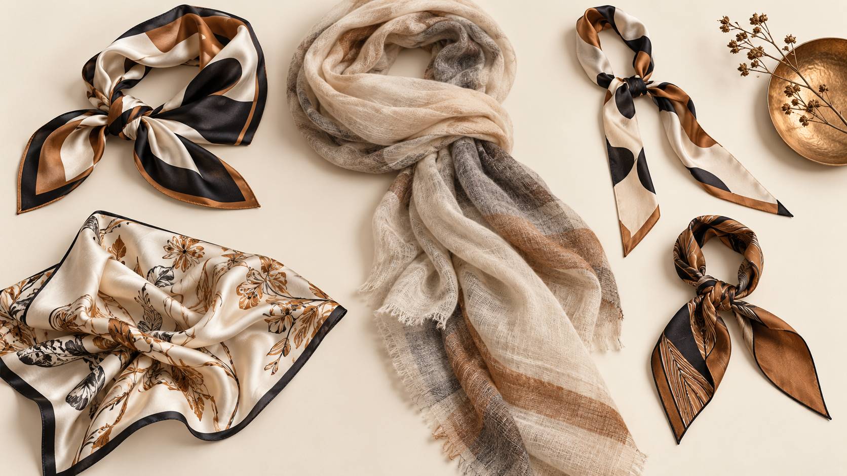 Foulards en soie et laine fine noués et disposés en flat-lay élégant