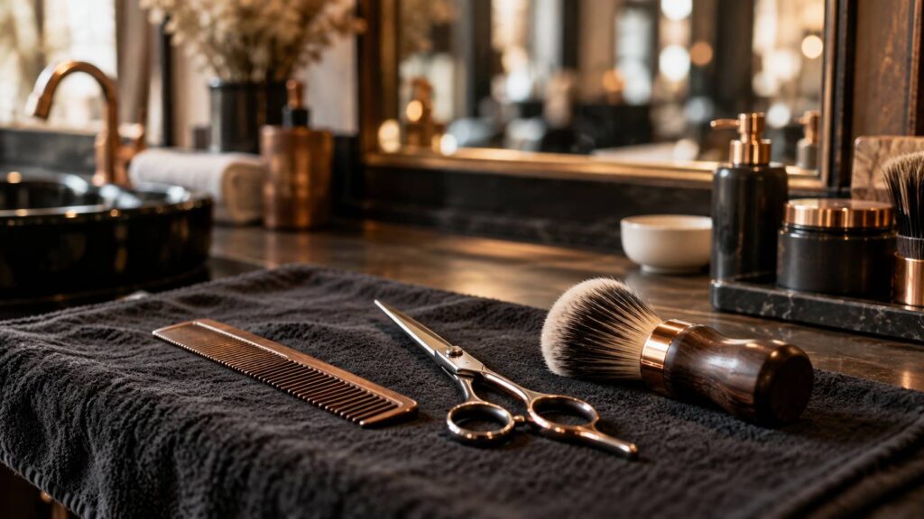 Peigne, ciseaux et brosse de coiffure sur un linge sombre au salon