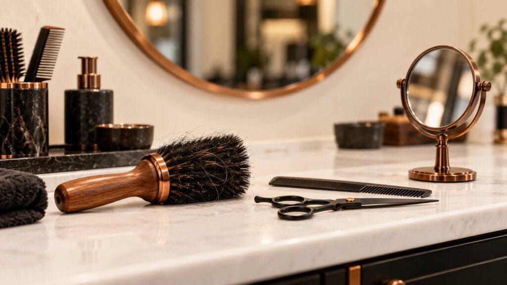 Brosse en bois, ciseaux de coiffure et peigne fin posés sur un plan de travail clair
